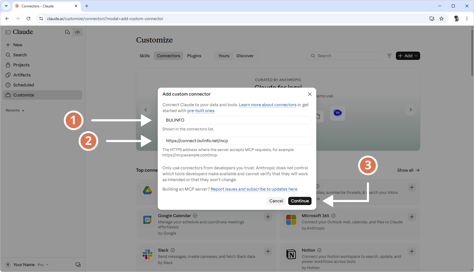 Прозорец Add custom connector с попълнени име Bulinfo и адрес https://connect.bulinfo.net/mcp
